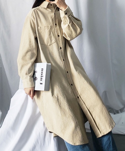 me+em select（ミームセレクト）の「【数量限定販売】【 5色展開 】コーデュロイロングシャツワンピース（シャツワンピース・レディース・ベージュ/ネイビー/カーキ/オレンジ/グリーン・FREE）」の2枚目の写真