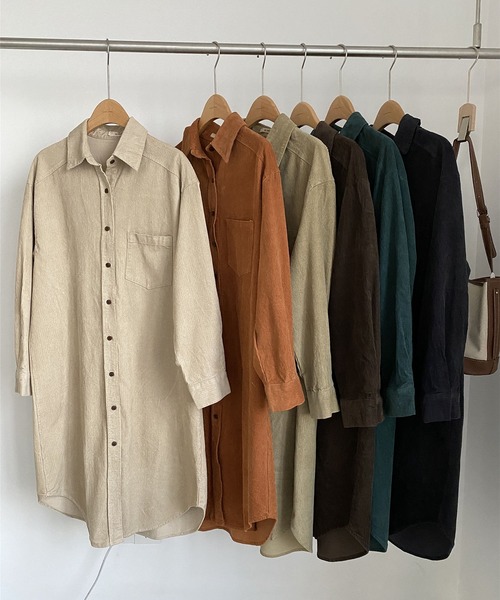 me+em select（ミームセレクト）の「【数量限定販売】【 5色展開 】コーデュロイロングシャツワンピース（シャツワンピース・レディース・ベージュ/ネイビー/カーキ/オレンジ/グリーン・FREE）」の3枚目の写真