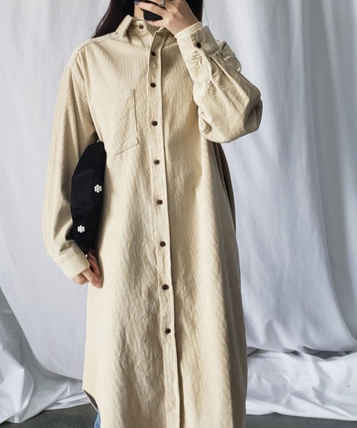 me+em select（ミームセレクト）の「【数量限定販売】【 5色展開 】コーデュロイロングシャツワンピース（シャツワンピース・レディース・ベージュ/ネイビー/カーキ/オレンジ/グリーン・FREE）」の17枚目の写真