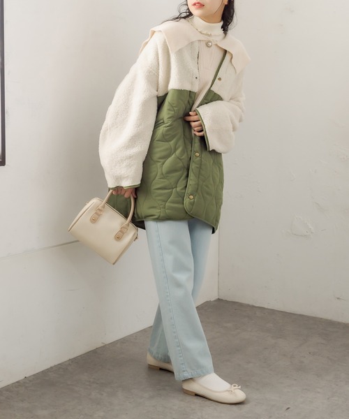 OLIVE des OLIVE（オリーブデオリーブ）の「キルト×ボア切替ショートコート（ノーカラーコート・レディース・カーキ/アイボリー・FREE）」の19枚目の写真