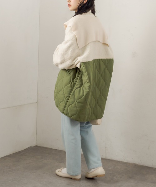 OLIVE des OLIVE（オリーブデオリーブ）の「キルト×ボア切替ショートコート（ノーカラーコート・レディース・カーキ/アイボリー・FREE）」の6枚目の写真
