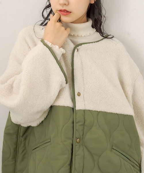 OLIVE des OLIVE（オリーブデオリーブ）の「キルト×ボア切替ショートコート（ノーカラーコート・レディース・カーキ/アイボリー・FREE）」の22枚目の写真