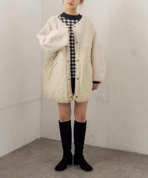OLIVE des OLIVE（オリーブデオリーブ）の「キルト×ボア切替ショートコート（ノーカラーコート・レディース・カーキ/アイボリー・FREE）」の20枚目の写真