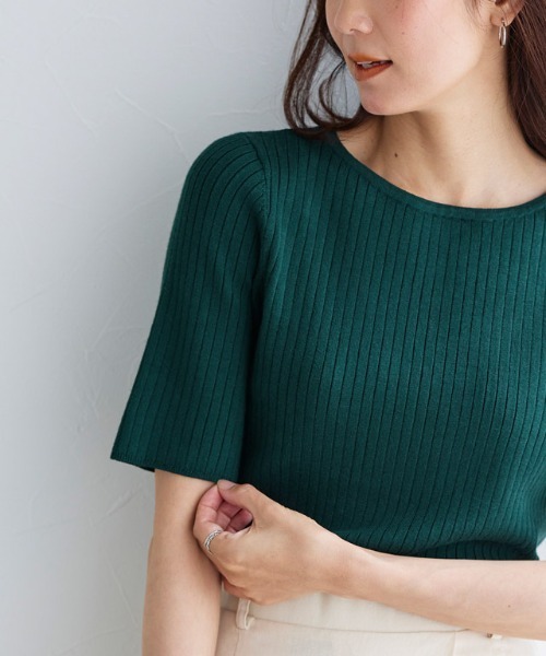 Pierrot（ピエロ）の「シルクタッチウォッシャブル半袖リブニット ボートネック（ニット/セーター・レディース・グレイッシュベージュ/ブラック/ネイビー/オフホワイト/コーラル/ラベンダー/アクア/グリーン系その他/ミント/ロイヤルブルー/杢グレー/ライトピンク/ライトブルー・L/M）」の6枚目の写真