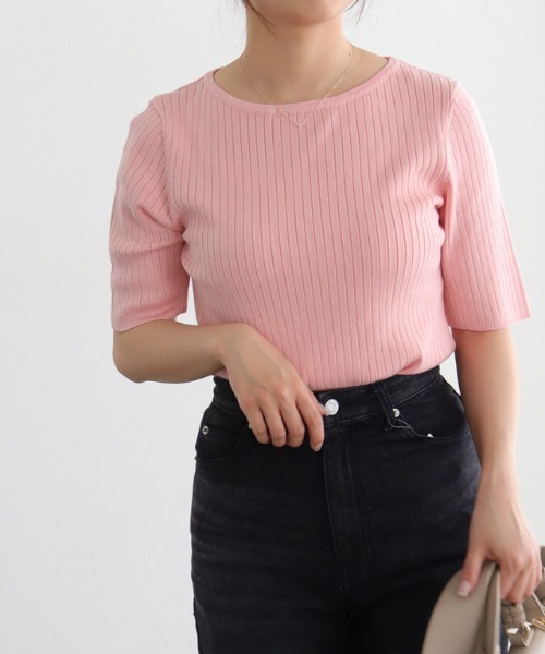 Pierrot（ピエロ）の「シルクタッチウォッシャブル半袖リブニット ボートネック（ニット/セーター・レディース・グレイッシュベージュ/ブラック/ネイビー/オフホワイト/コーラル/ラベンダー/アクア/グリーン系その他/ミント/ロイヤルブルー/杢グレー/ライトピンク/ライトブルー・L/M）」の12枚目の写真