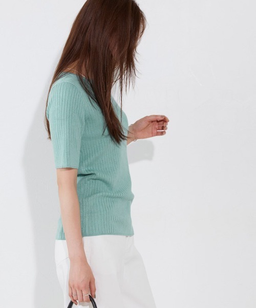 Pierrot（ピエロ）の「シルクタッチウォッシャブル半袖リブニット ボートネック（ニット/セーター・レディース・グレイッシュベージュ/ブラック/ネイビー/オフホワイト/コーラル/ラベンダー/アクア/グリーン系その他/ミント/ロイヤルブルー/杢グレー/ライトピンク/ライトブルー・L/M）」の20枚目の写真