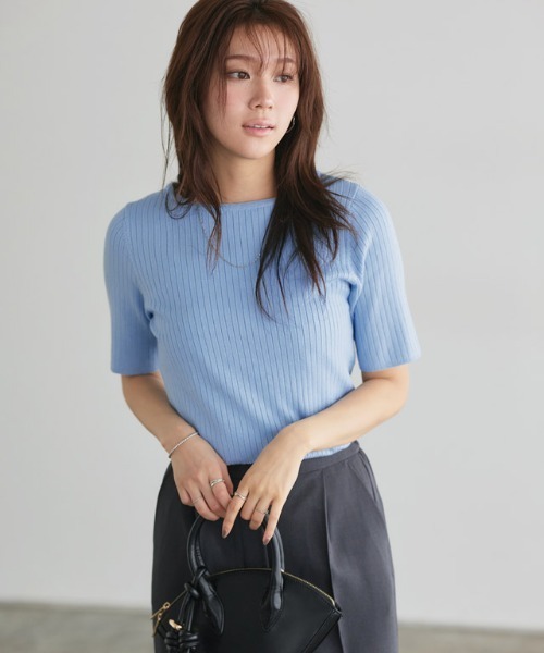 【逸品】 シルクタッチウォッシャブル半袖リブニット ボートネック トップス