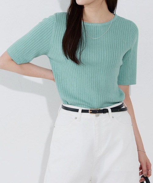 Pierrot（ピエロ）の「シルクタッチウォッシャブル半袖リブニット ボートネック（ニット/セーター・レディース・グレイッシュベージュ/ブラック/ネイビー/オフホワイト/コーラル/ラベンダー/アクア/グリーン系その他/ミント/ロイヤルブルー/杢グレー/ライトピンク/ライトブルー・L/M）」の16枚目の写真