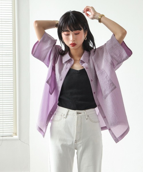 Chillfar（チルファー）の「ストライプカラーシアーシャツ（シャツ/ブラウス・レディース・ブルー/パープル/ミント/オレンジ/イエロー・FREE）」の4枚目の写真