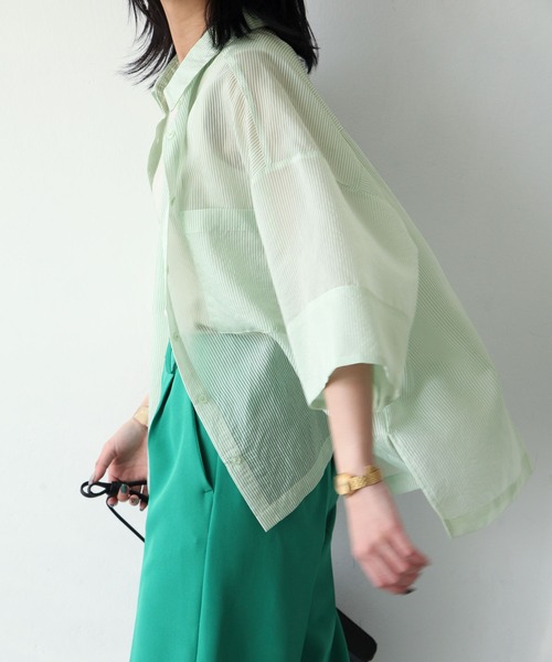 Chillfar（チルファー）の「ストライプカラーシアーシャツ（シャツ/ブラウス・レディース・ブルー/パープル/ミント/オレンジ/イエロー・FREE）」の2枚目の写真