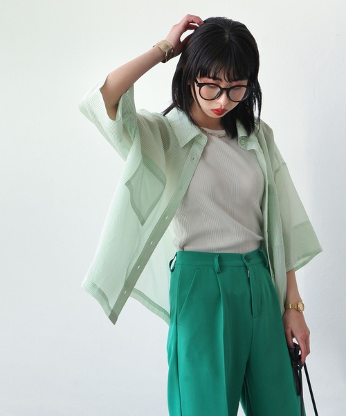 Chillfar（チルファー）の「ストライプカラーシアーシャツ（シャツ/ブラウス・レディース・ブルー/パープル/ミント/オレンジ/イエロー・FREE）」の22枚目の写真