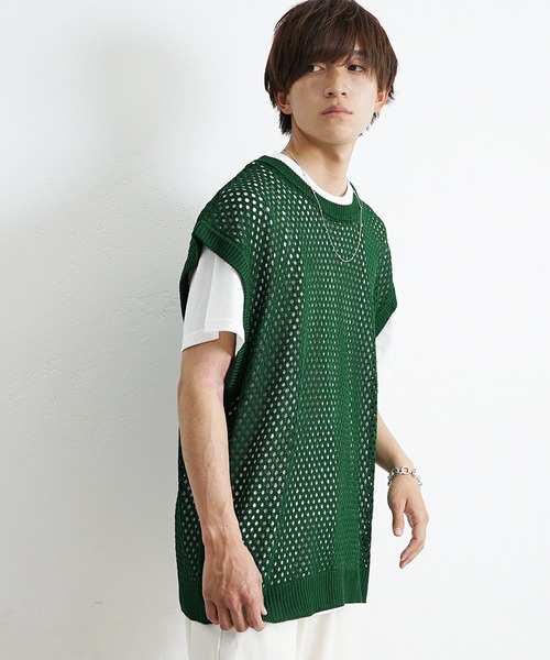 MinoriTY(マイノリティ)の「【MinoriTY】透かし編みニットアンサンブル メッシュトップス メッシュニット 秋服 Tシャツ ベスト メンズ(アンサンブル・メンズ・ブラック/ブルー/グリーン/マスタード・S/M/L)」の5枚目の写真