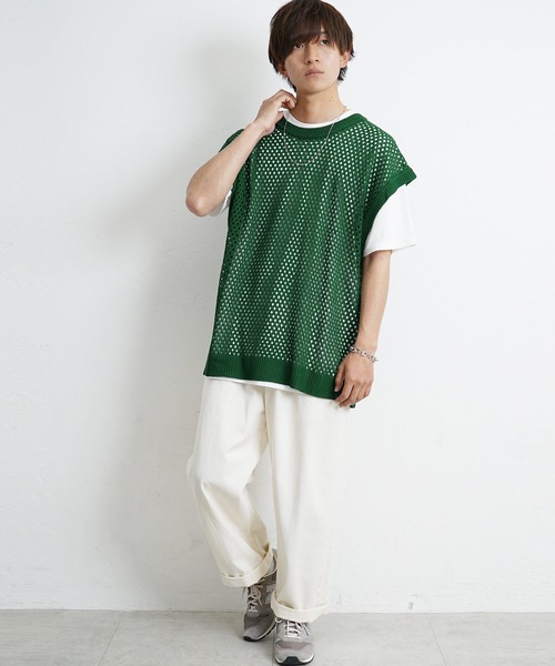 MinoriTY(マイノリティ)の「【MinoriTY】透かし編みニットアンサンブル メッシュトップス メッシュニット 秋服 Tシャツ ベスト メンズ(アンサンブル・メンズ・ブラック/ブルー/グリーン/マスタード・S/M/L)」の6枚目の写真