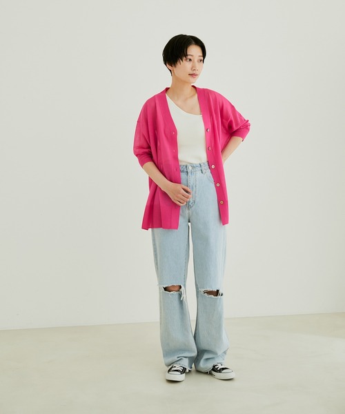 SALON adam et rope'（サロン アダム エ ロペ）の「ハーフスリーブシアーVネックサマーカーディガン（カーディガン/ボレロ・レディース・ブラック/オフホワイト/ピンク/グリーン系その他・FREE）」の15枚目の写真