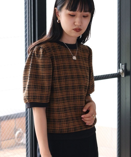 cepo(セポ)の「ダークチェックパフスリーブTee(Tシャツ/カットソー・レディース・チャコールグレー/グレー/イエロー系・M)」の7枚目の写真