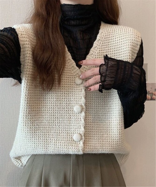 MAISON DE THERESE（メゾン ド テレーズ）の「Vネックワッフルニットベスト  ニット/セーター（ベスト・レディース・ライトブラウン/ベージュ/ブラック/アイボリー・FREE）」の20枚目の写真