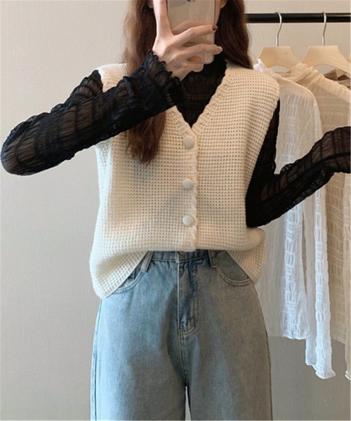 MAISON DE THERESE（メゾン ド テレーズ）の「Vネックワッフルニットベスト  ニット/セーター（ベスト・レディース・ライトブラウン/ベージュ/ブラック/アイボリー・FREE）」の21枚目の写真