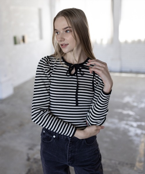 clear(クリア)の「ボーダーフロントリボンニットトップス ≪STAY MOTION≫(ニット/セーター・レディース・ブラック×ホワイト/ブラック系その他・F)」の12枚目の写真