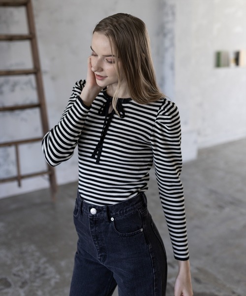 clear(クリア)の「ボーダーフロントリボンニットトップス ≪STAY MOTION≫(ニット/セーター・レディース・ブラック×ホワイト/ブラック系その他・F)」の13枚目の写真