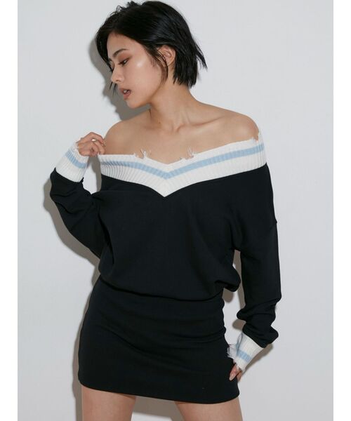 GYDA（ジェイダ）の「Vネックグラインダードッキングスウェットワンピース（ワンピース・レディース・ブラック/オフホワイト・FREE）」の8枚目の写真