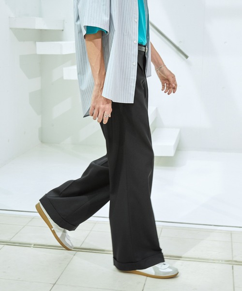 EMMA CLOTHES（エマクローズ）の「TR綾ストレッチ タックワイドストレートダブルスラックスパンツ EMMA CLOTHES（スラックス・メンズ・ダークネイビー/ベージュ系/ブラック・M/L）」の14枚目の写真