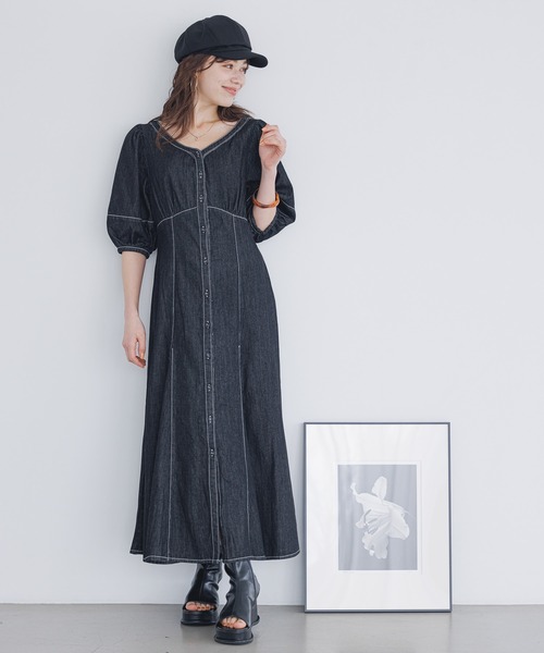 mysty woman（ミスティウーマン）の「［追加1］デニムエンパイアワンピース 190564（ワンピース・レディース・ブルー/ブラック/ライトブルー・FREE）」の8枚目の写真