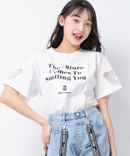 RiCO SUCRE(リコシュクレ)の「袖ベアーチュールTシャツ(Tシャツ/カットソー・キッズ・ミント/オフホワイト/サックスブルー/ブラック・130/140/150/160/165)」の2枚目の写真