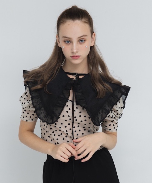 lilLilly（リルリリー）の「フロッキーハートチュールトップス（Tシャツ/カットソー・レディース・ピンク/ブラック/ベージュ・SMALL/フリー）」の6枚目の写真