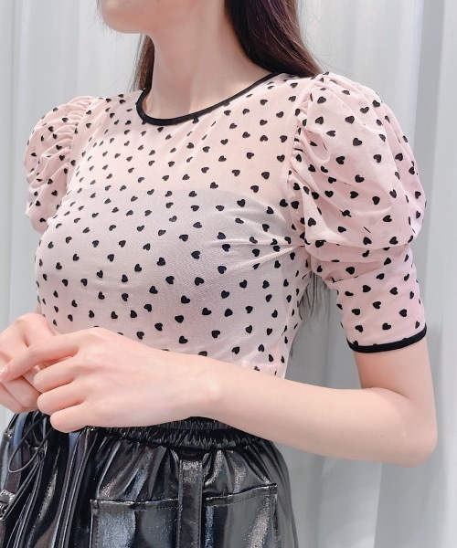 lilLilly（リルリリー）の「フロッキーハートチュールトップス（Tシャツ/カットソー・レディース・ピンク/ブラック/ベージュ・SMALL/フリー）」の10枚目の写真