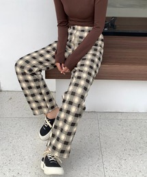 裏ボアボンティングチェック柄セミワイドパンツ