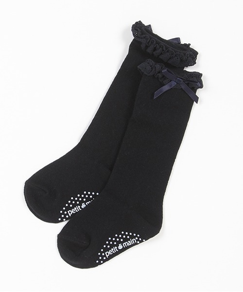 petit main（プティマイン）の「入卒リボン付きハイソックス（ソックス/靴下・キッズ・オフホワイト/ネイビー・S/M/L）」の2枚目の写真