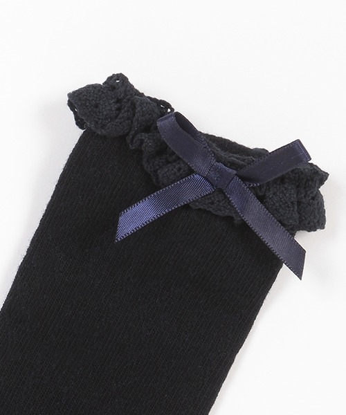 petit main（プティマイン）の「入卒リボン付きハイソックス（ソックス/靴下・キッズ・オフホワイト/ネイビー・S/M/L）」の3枚目の写真
