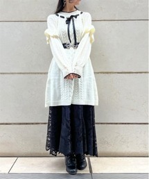 リボン付き袖フリルニットワンピース