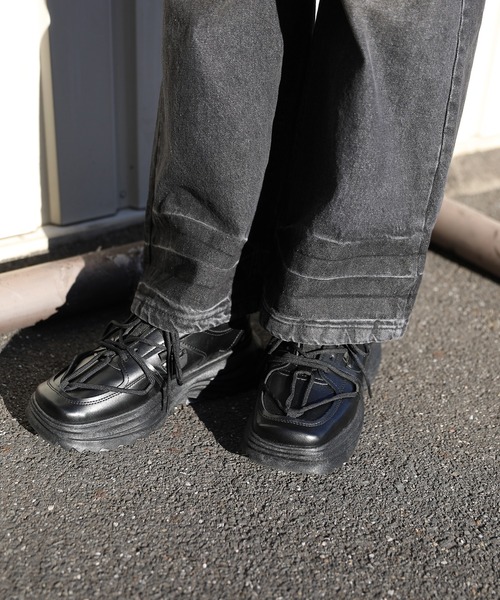 セール】【shoes365】個性装飾靴紐 スクエアトゥ厚底スニーカー