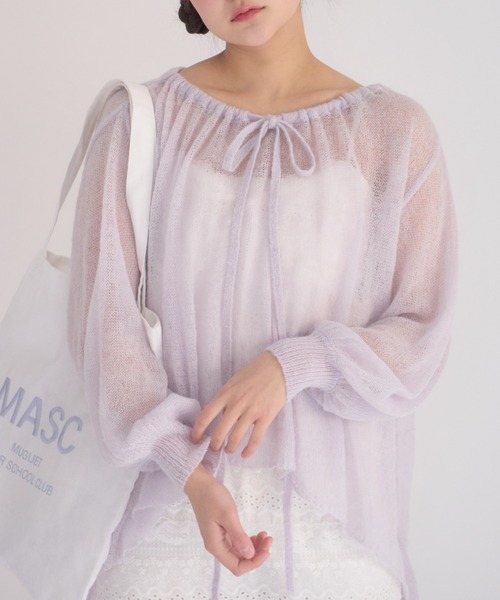 muguet lame ribbon knit リボンニット ミュゲ ネイビー muguet（ミュゲ）の「シアーリボンニット（ニット/セーター