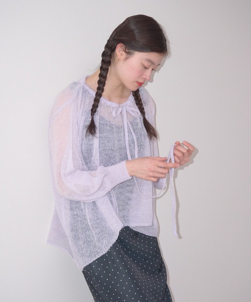 muguet lame ribbon knit リボンニット ミュゲ ネイビー muguet（ミュゲ）の「シアーリボンニット（ニット/セーター