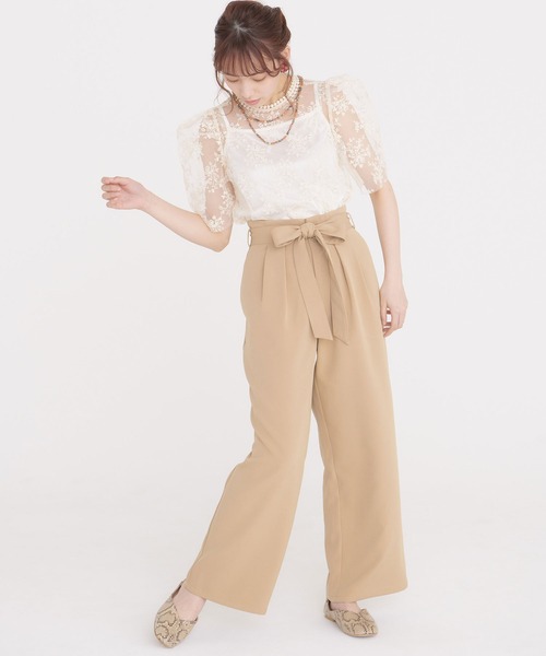 ＼半額SALE／ セール】リボンベルト付きハイウエストパンツ（スラックス パンツ