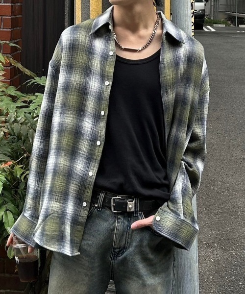 Chikashitsu +(チカシツプラス)の「【Chikashitsu +】shadow check shirt / 【チカシツプラス】シャドウチェック長袖シャツ(シャツ/ブラウス・メンズ・グレー×サックスブルー/カーキ・ONE SIZE)」の2枚目の写真