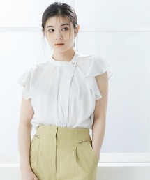 アシメスタンドネックフリルスリーブブラウス