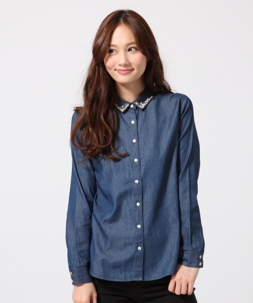 GLOBAL WORK(グローバルワーク)の「コットンレーヨンビジューエリシャツ長袖/567161(シャツ/ブラウス・レディース・ホワイト/その他/ライトブルー/ブルー/ホワイト系その他/ブルー系その他・LARGE/SMALL/MEDIUM)」の5枚目の写真