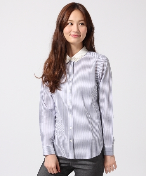 GLOBAL WORK(グローバルワーク)の「コットンレーヨンビジューエリシャツ長袖/567161(シャツ/ブラウス・レディース・ホワイト/その他/ライトブルー/ブルー/ホワイト系その他/ブルー系その他・LARGE/SMALL/MEDIUM)」の1枚目の写真