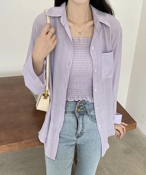 Girly Doll(ガーリードール)の「オーバーサイズシャツ&シャーリングギャザーキャミソール 2点セット(シャツ/ブラウス・レディース・ブルー/ブラック/ホワイト/パープル/ベージュ・FREE)」の5枚目の写真