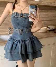 Dalfwin | 韓国ファッション ベルトデザインフリルデニムワンピース(ワンピース)