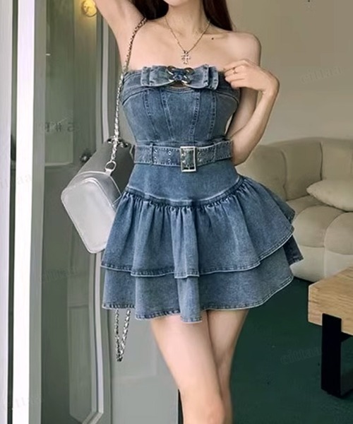 Dalfwin（ダールフィン）の「韓国ファッション ベルトデザインフリルデニムワンピース（ワンピース・レディース・ブルー・FREE）」の5枚目の写真