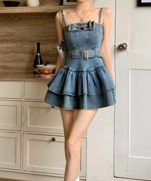 Dalfwin（ダールフィン）の「韓国ファッション ベルトデザインフリルデニムワンピース（ワンピース・レディース・ブルー・FREE）」の7枚目の写真