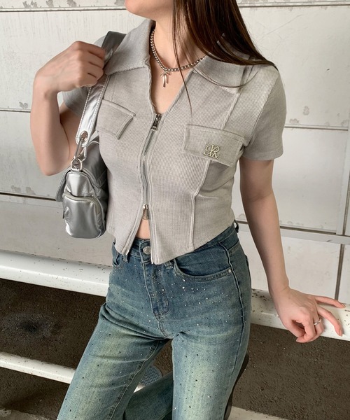 tシャツ ダメージダブルジップポロトップス レディース KsG tシャツ ダメージダブルジップポロトップス レディース