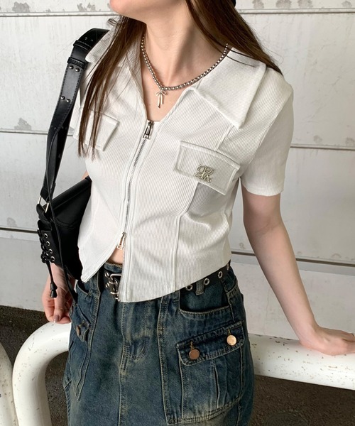 tシャツ プレート付きダブルジップリブトップス レディース Ada. tシャツ ダブルジップ 襟付き パフスリ カットソー