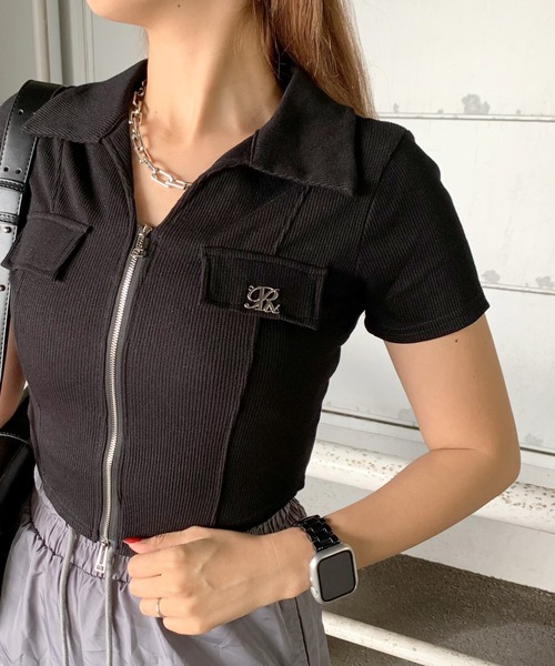 tシャツ プレート付きダブルジップリブトップス レディース Ada.（エイダ）の「半袖 ダブルジップ リブ タイト トップス（T