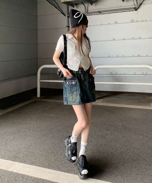tシャツ プレート付きダブルジップリブトップス レディース Ada. tシャツ ダブルジップ 襟付き パフスリ カットソー