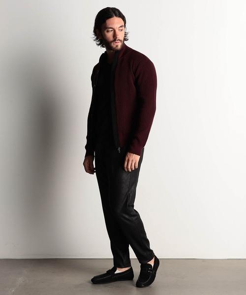 HIDEAWAYS NICOLE（ハイダウェイニコル）の「プレーティングリブZIPブルゾン（カーディガン/ボレロ・メンズ・オフホワイト/ブラック/ホワイト×ブラック/ボルドー・X-LARGE/LARGE/MEDIUM）」の5枚目の写真